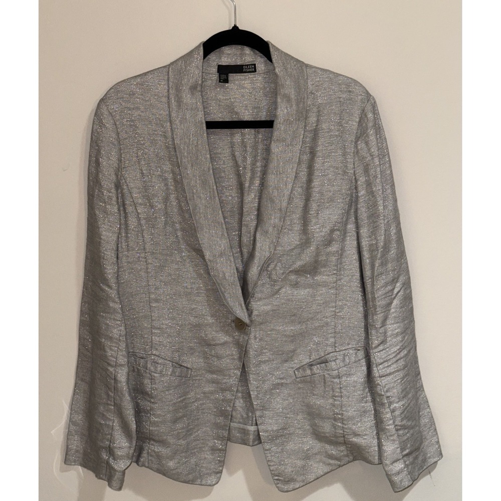 Eileen Fisher Women's Gray Silver Shimmer 96% Linen Button Blazer Jacket Size M